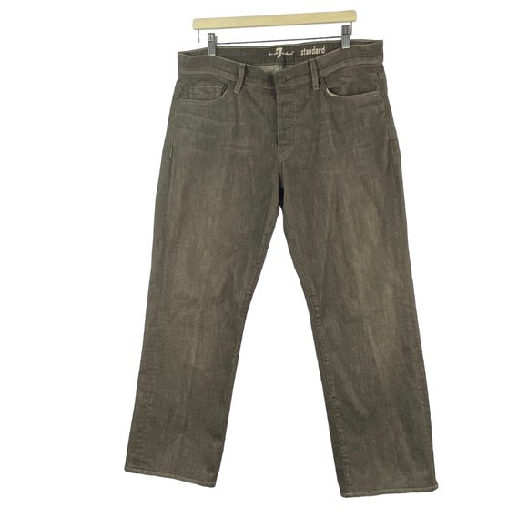 7 For All Mankind Jeans Mens 36x28 Button Fly Straight Brown Stretch Distressed - Picture 1 of 16